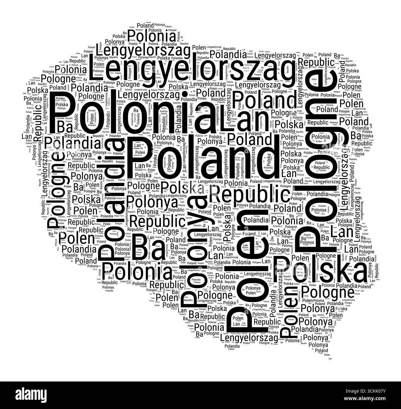 Nuage de mots noir et blanc en forme de Pologne. Illustration de pays de style typographique simple. Nuage de texte noir de Pologne ordinaire sur fond blanc. Illustration de Vecteur