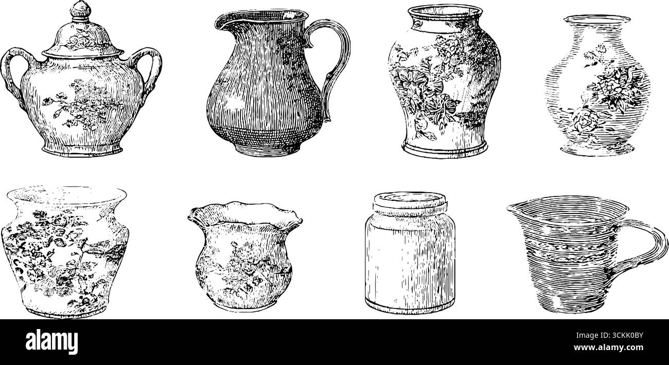Gravure vintage en noir et blanc de poteries japonaises et cruches pour des projets de design rétro. Illustration de Vecteur