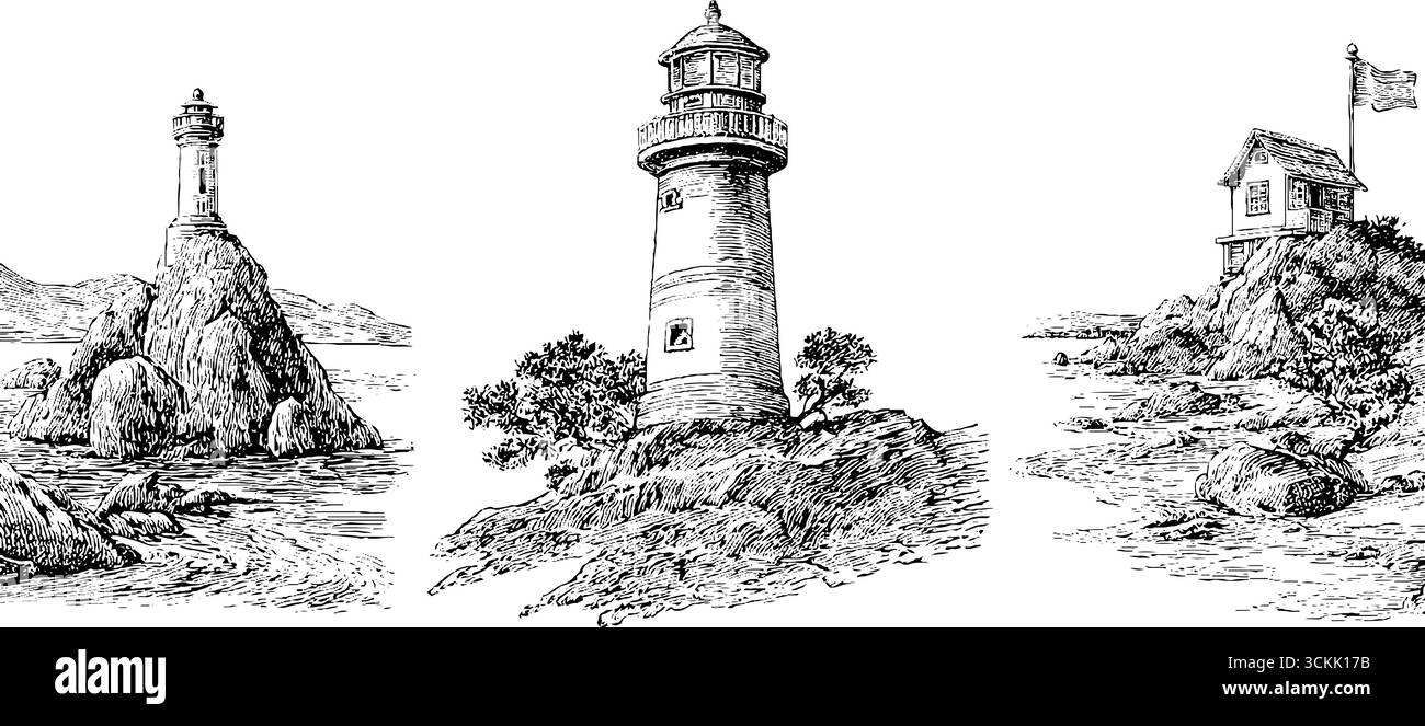 Gravure vintage en noir et blanc de phares côtiers et ensemble d'illustration de maison de plage. Illustration de Vecteur