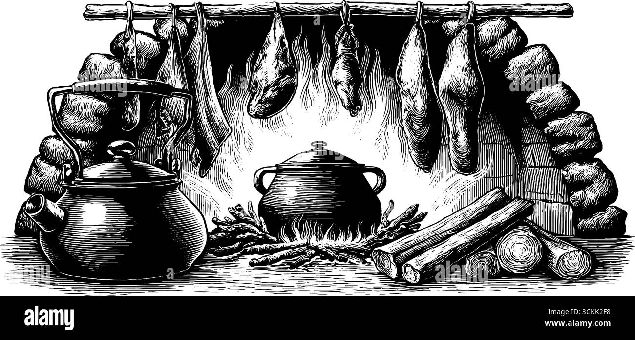 Scène de cuisine rustique avec viande suspendue et bouilloire antique, gravure noire et blanche dessinée à la main. Illustration de Vecteur