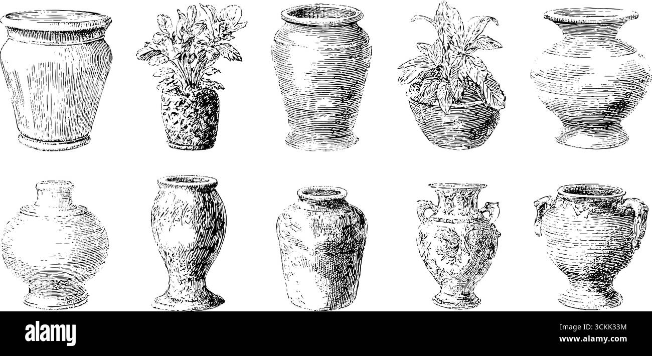 Vintage dessiné à la main ensemble de pots en céramique d'inspiration africaine gravure pour la conception de décor rétro. Illustration de Vecteur