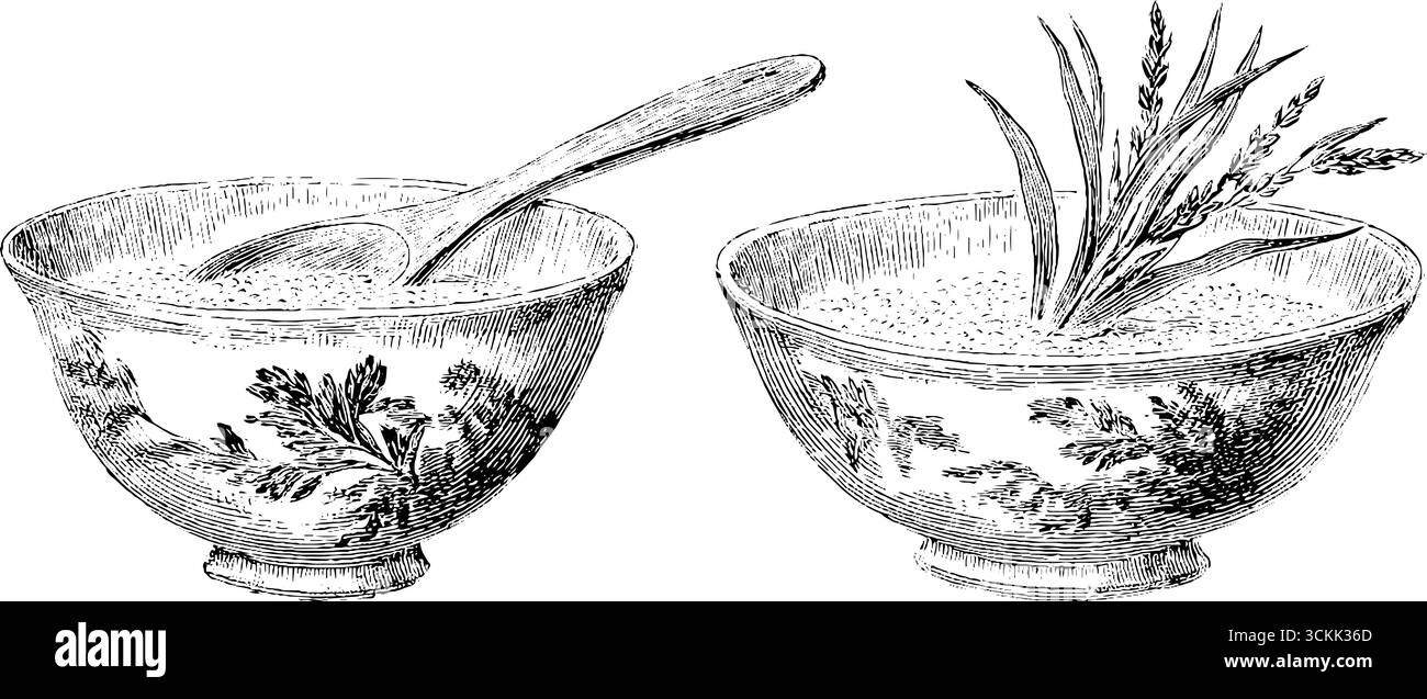 Gravure vintage de bols décoratifs avec farine et cuillère. Illustration de Vecteur