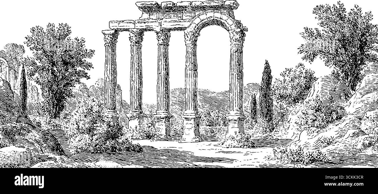Ruines romaines antiques dans la nature : gravure vintage dessinée à la main pour les projets de conception. Illustration de Vecteur