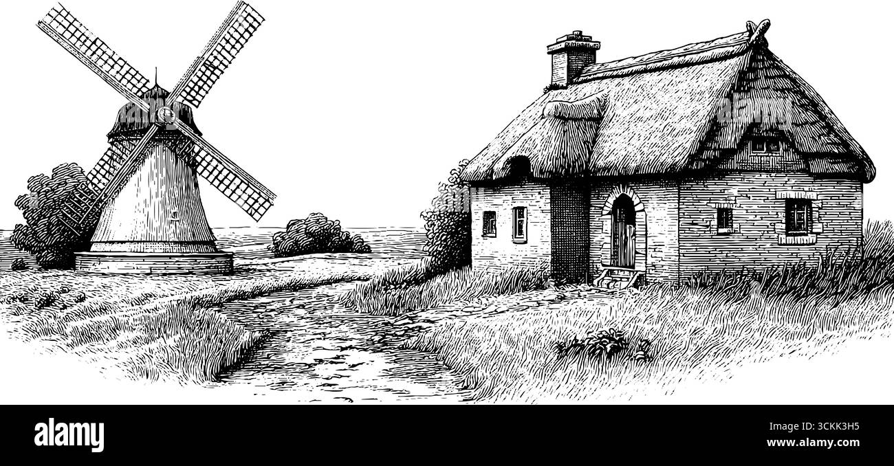 Moulin à vent vintage et cottage au toit de chaume dans un croquis de campagne pour un design rétro. Illustration de Vecteur