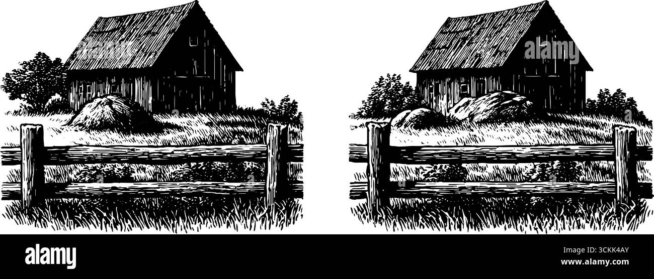 Scène de campagne rustique avec granges gravées et toits inclinés. Illustration de Vecteur