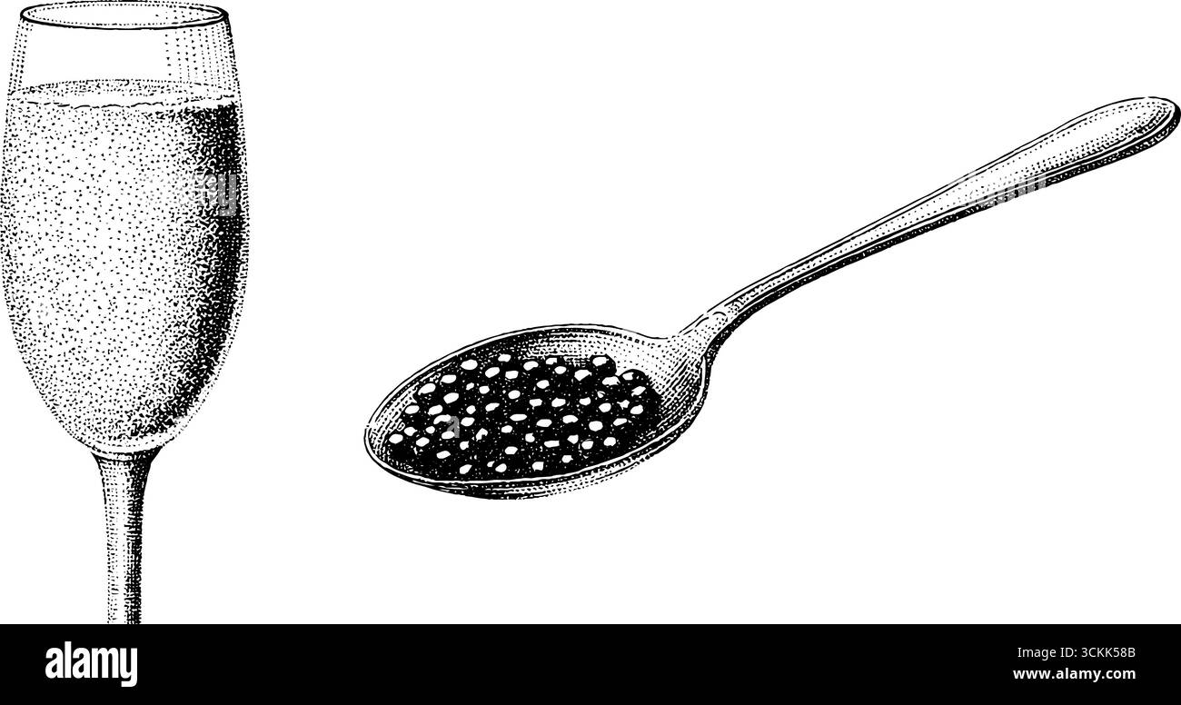Flûte à champagne gravée classique et cuillère à caviar de style pop art noir et blanc. Illustration de Vecteur