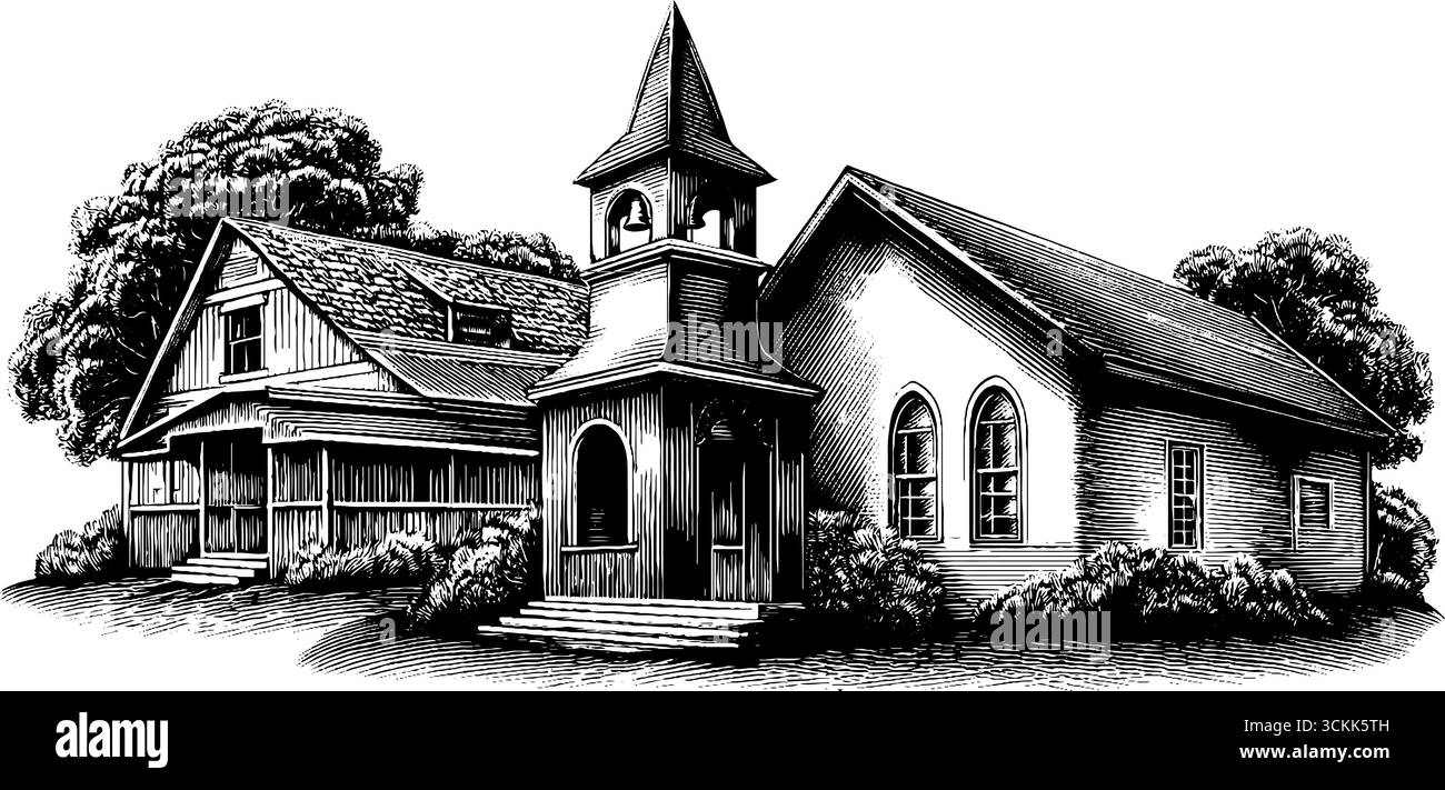 Gravure vintage en noir et blanc d'une scène de ville avec église et maison pour le design artistique. Illustration de Vecteur