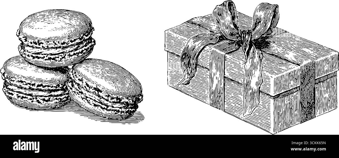 Macarons vintage et boîte cadeau gravure dessinée à la main pour la conception culinaire et de célébration. Illustration de Vecteur