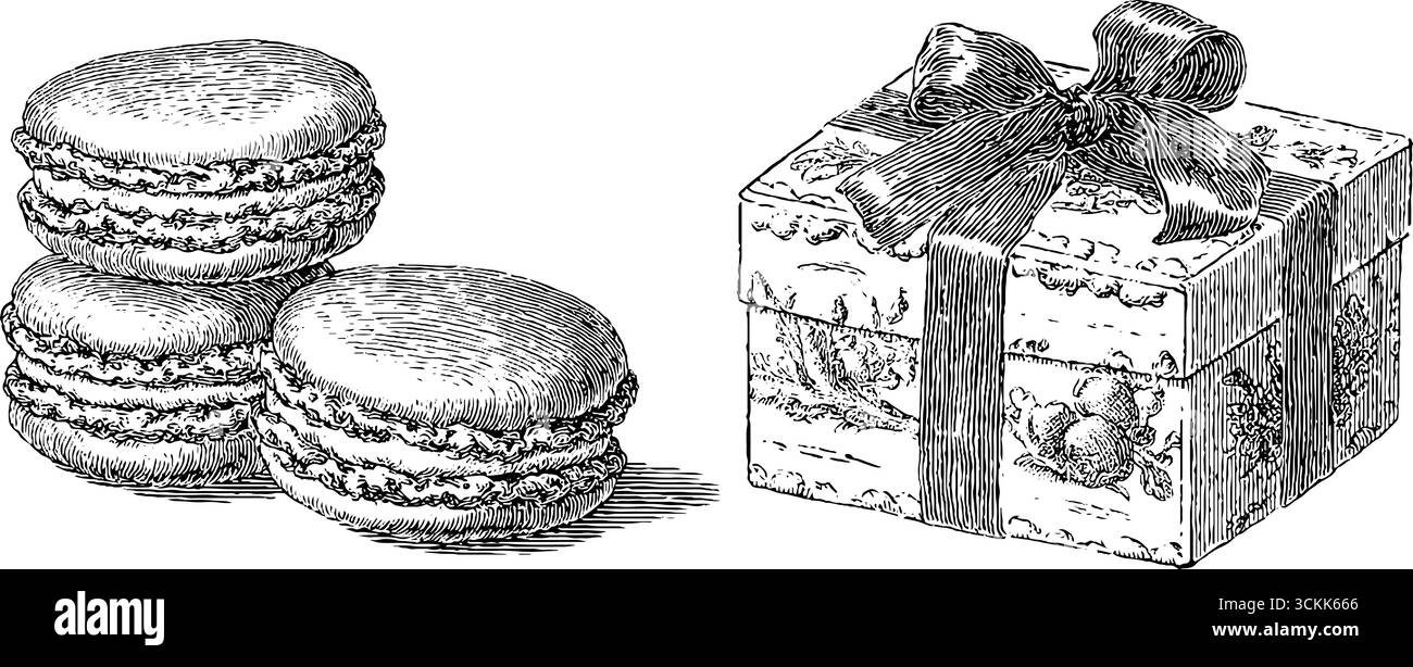 Macarons noirs et blancs vintage dessinés à la main et illustration de boîte cadeau pour un design rétro. Illustration de Vecteur