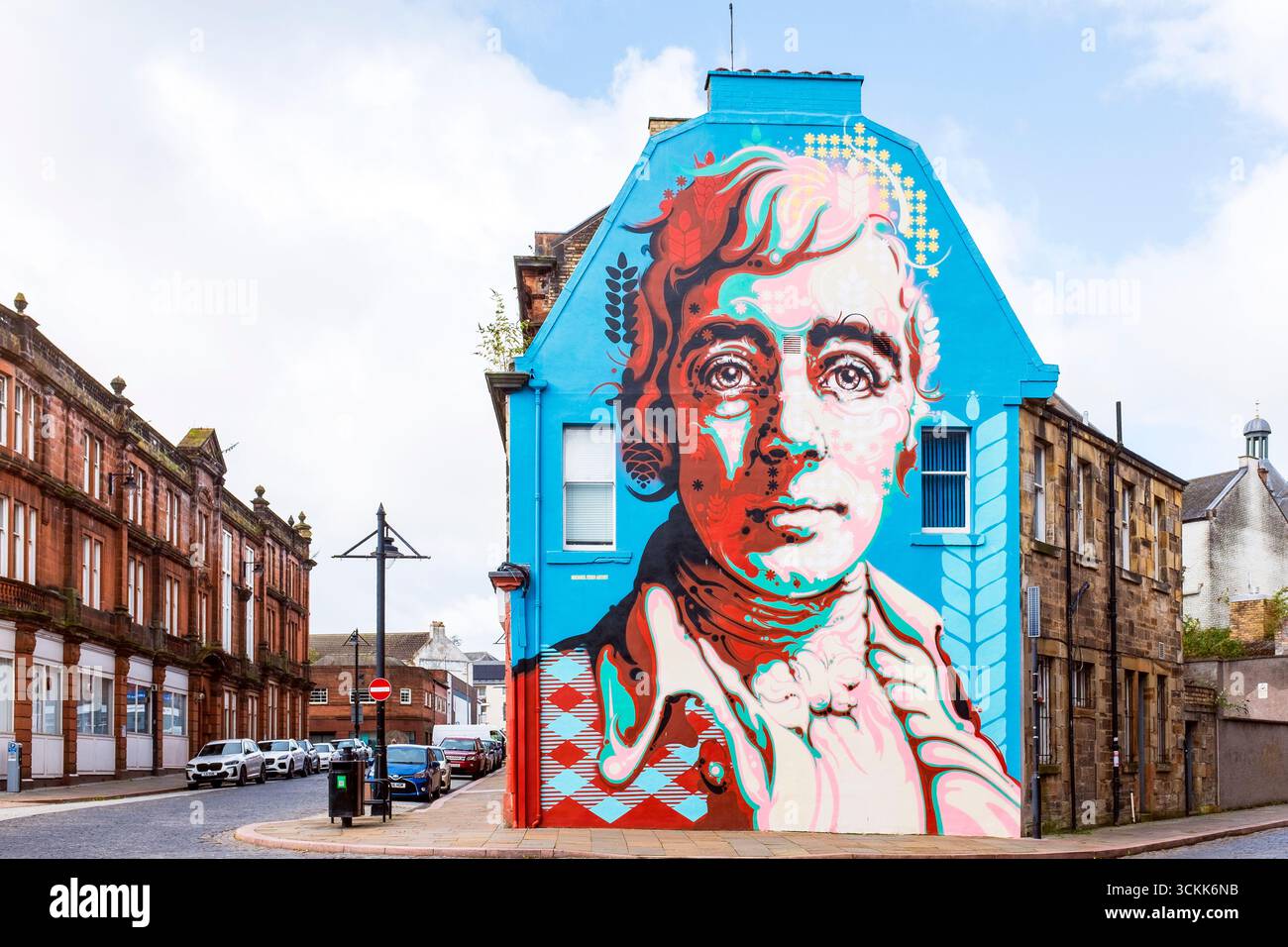 Peinture murale de Robert Burns, poète écossais, peinte sur le mur d'extrémité du gabble des bureaux de Robert Burns World Federation Ltd, rue John Dickie, Kilmarnock, Banque D'Images