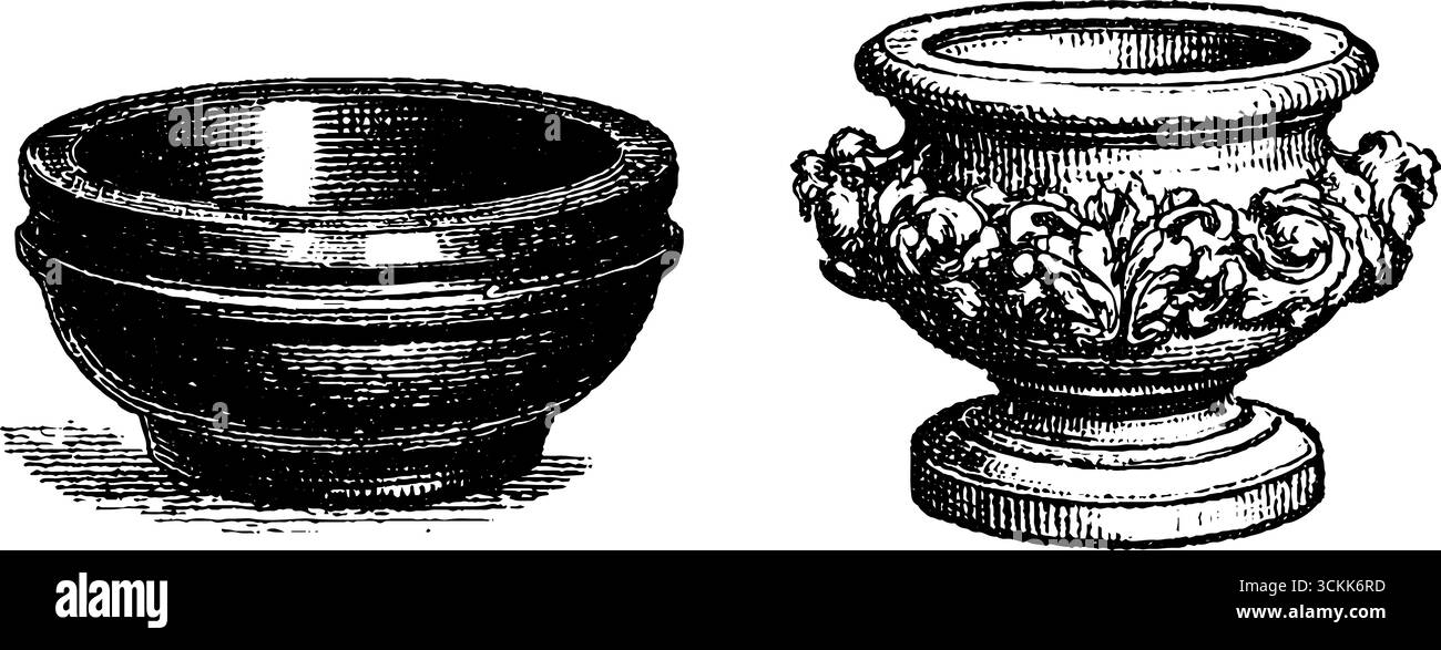 Ensemble d'illustrations gravées avec bol en pierre bibimbap et motif pot orné. Illustration de Vecteur