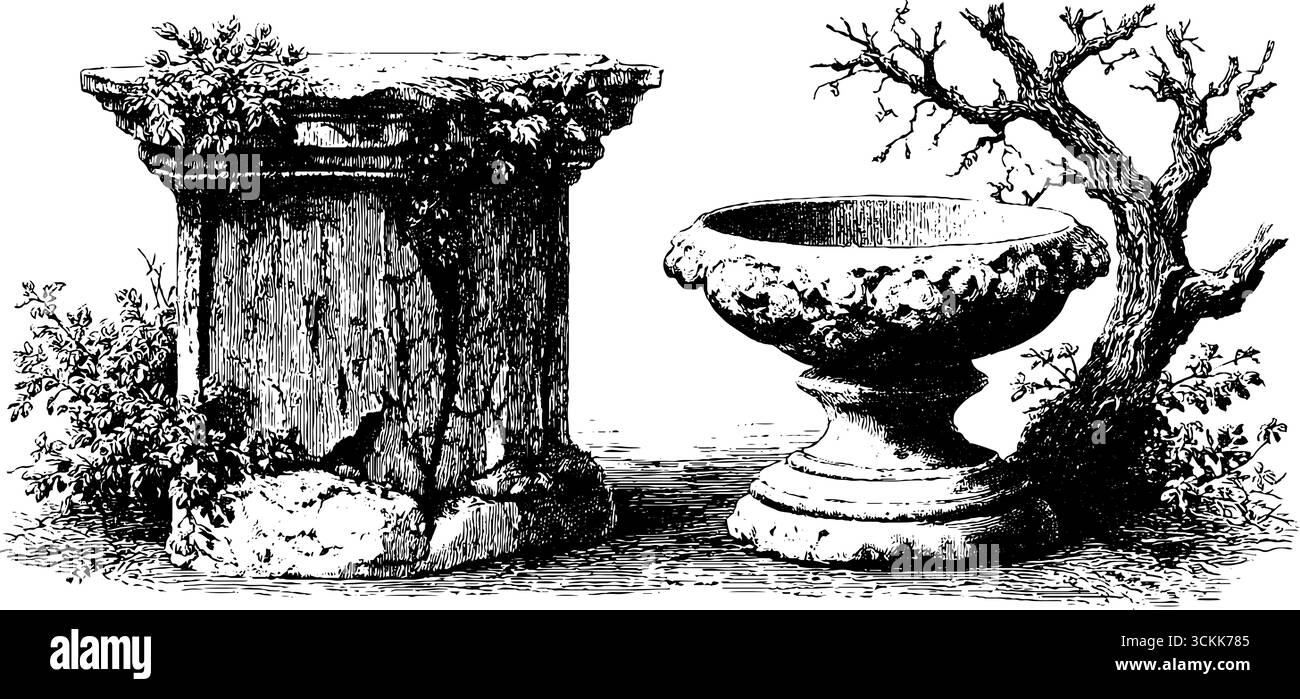 Illustration gravée de pièces de statue en marbre cassées avec des éléments d'arbre et de buisson. Illustration de Vecteur