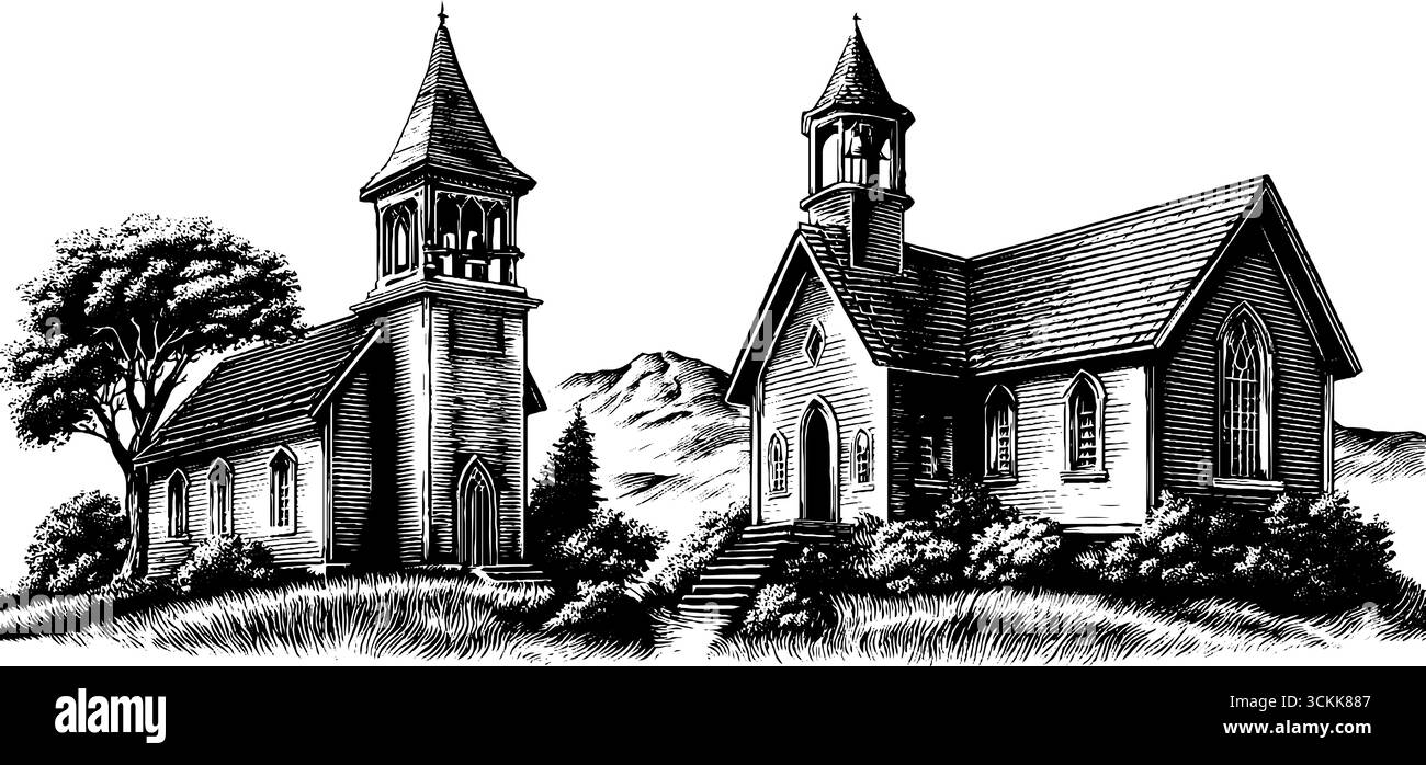 Gravure vintage des églises historiques de la ville - croquis pour le design rétro et la décoration. Illustration de Vecteur
