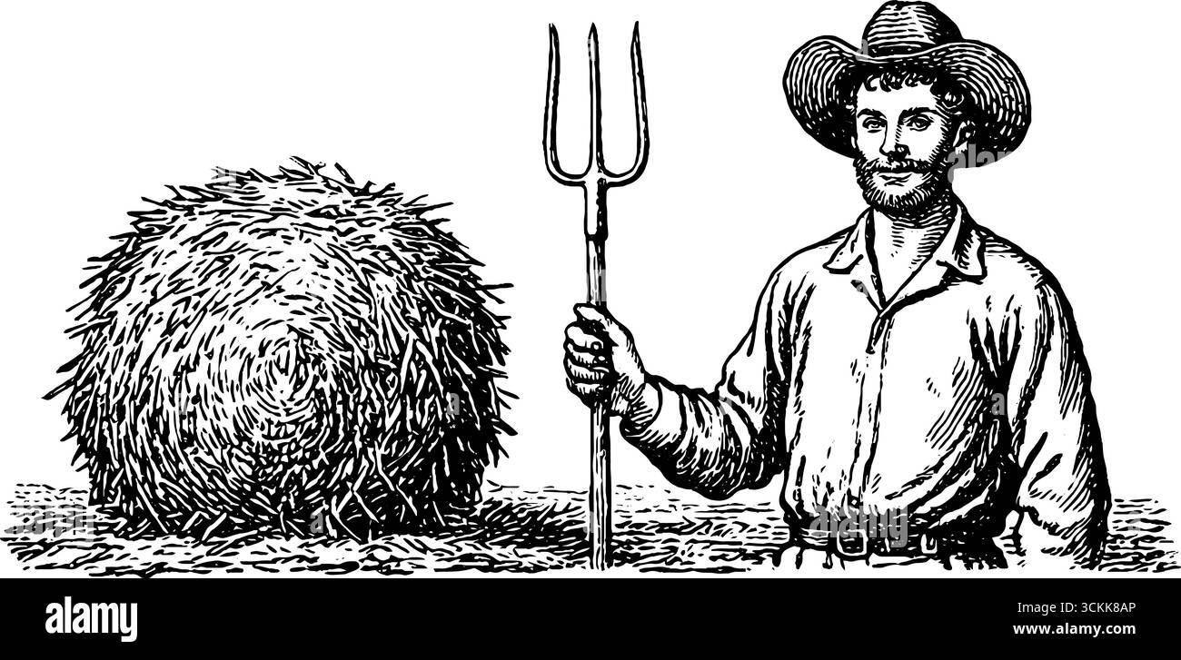 Scène agricole rustique avec fermier tenant une fourche près de la gravure de meule de foin pour la conception rurale. Illustration de Vecteur