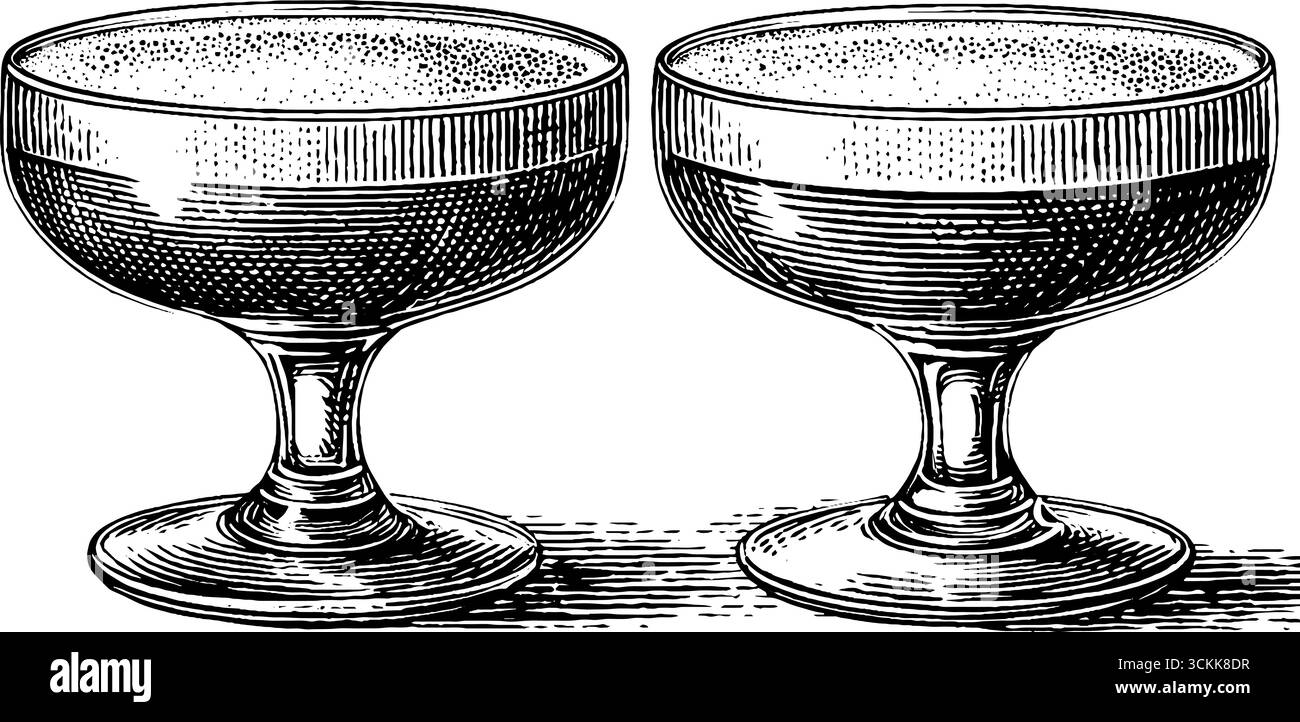 Gravure vintage dessinée à la main d'un ensemble de deux verres à whisky. Illustration de Vecteur