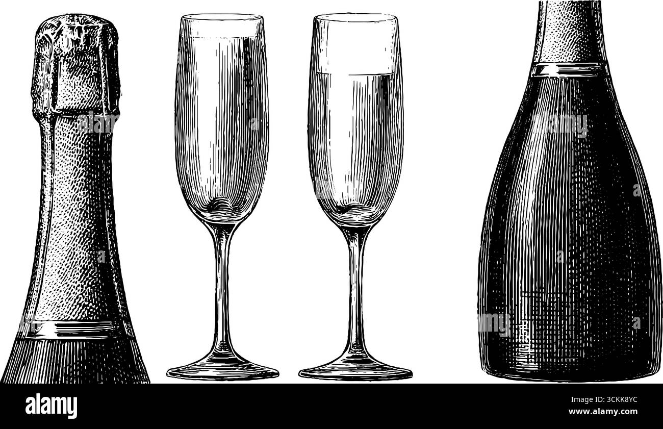 Ensemble de flûte et bouteille de prosecco gravée pour la célébration et le design festif. Illustration de Vecteur