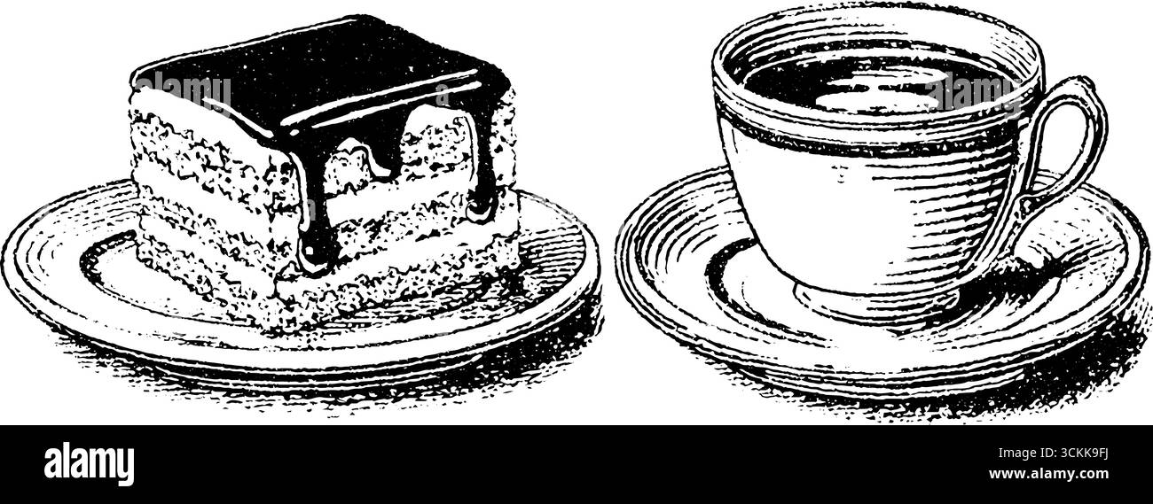 Gravure élégante de gâteau d'opéra et de café pour l'art culinaire et le design. Illustration de Vecteur
