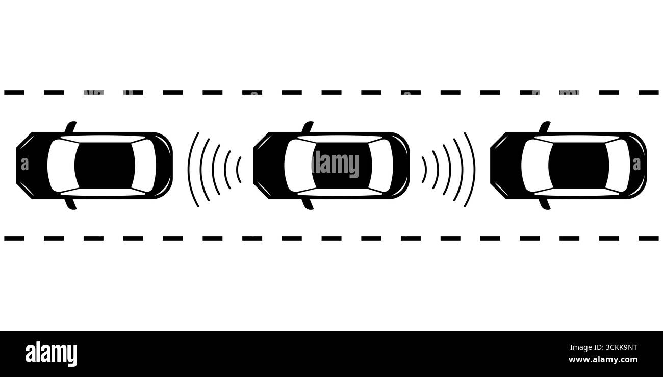 Voiture intelligente avec détection à distance et système de stationnement à capteur. Voiture autonome ou sans conducteur. Capteur de stationnement intelligent. Illustration vectorielle. Illustration de Vecteur