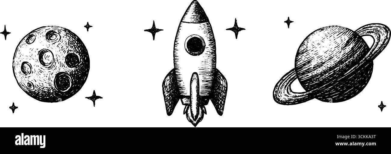 Ensemble d'exploration de l'espace gravé vintage avec fusée et planètes. Illustration de Vecteur