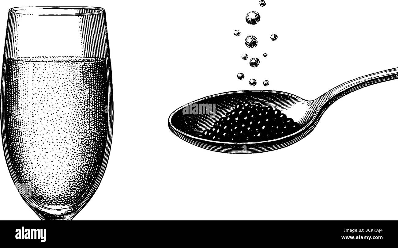 Élégante illustration gravée de flûte à champagne et cuillère à bulles. Illustration de Vecteur