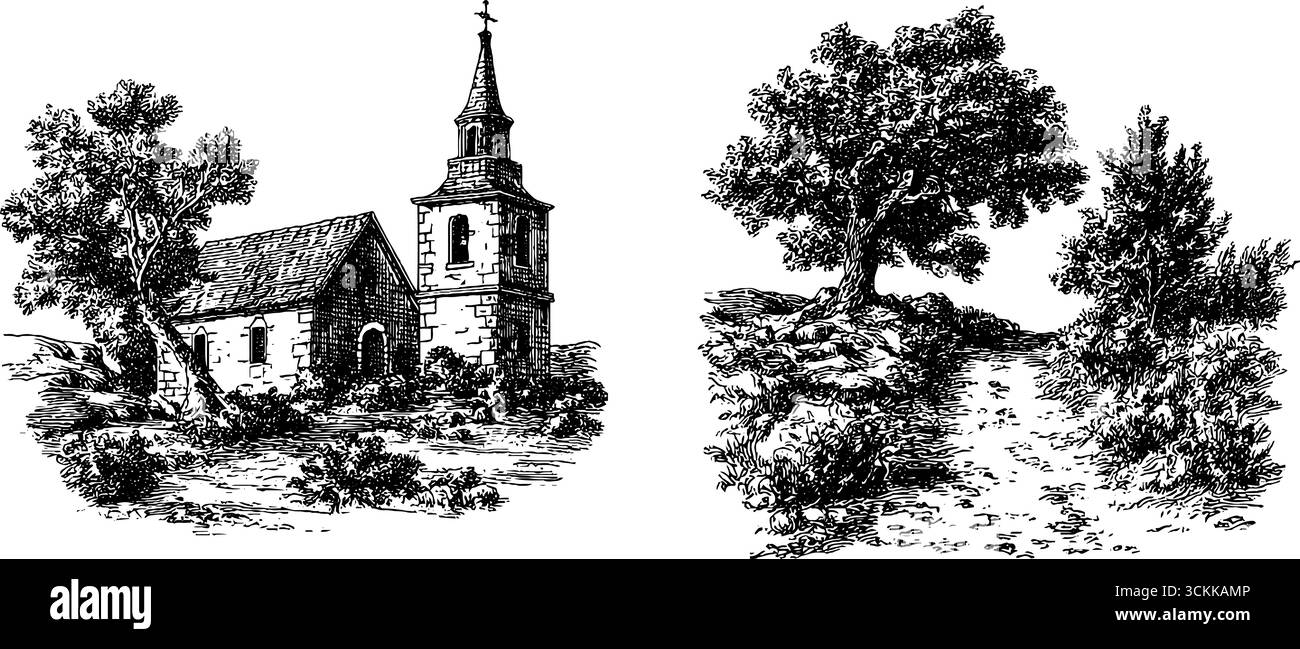 Illustrations gravées vintage de l'église du village et sentier pittoresque avec des arbres. Illustration de Vecteur