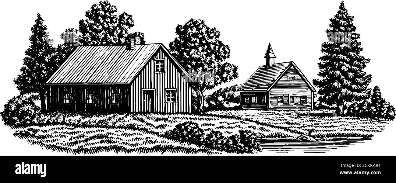 Illustration gravée de l'auberge de village rustique et de la scène de campagne pour le design traditionnel. Illustration de Vecteur