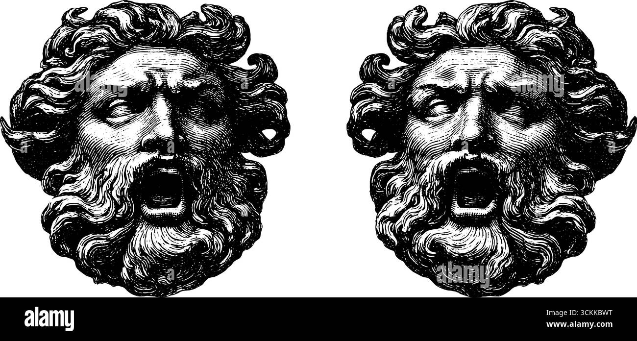 Faces de Dieu gravées en haut-relief - collection d'art mythique pour le design et la décoration. Illustration de Vecteur