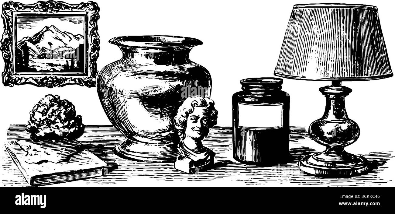 Diorama antique gravé avec des objets vintage et des éléments de décoration classiques. Illustration de Vecteur