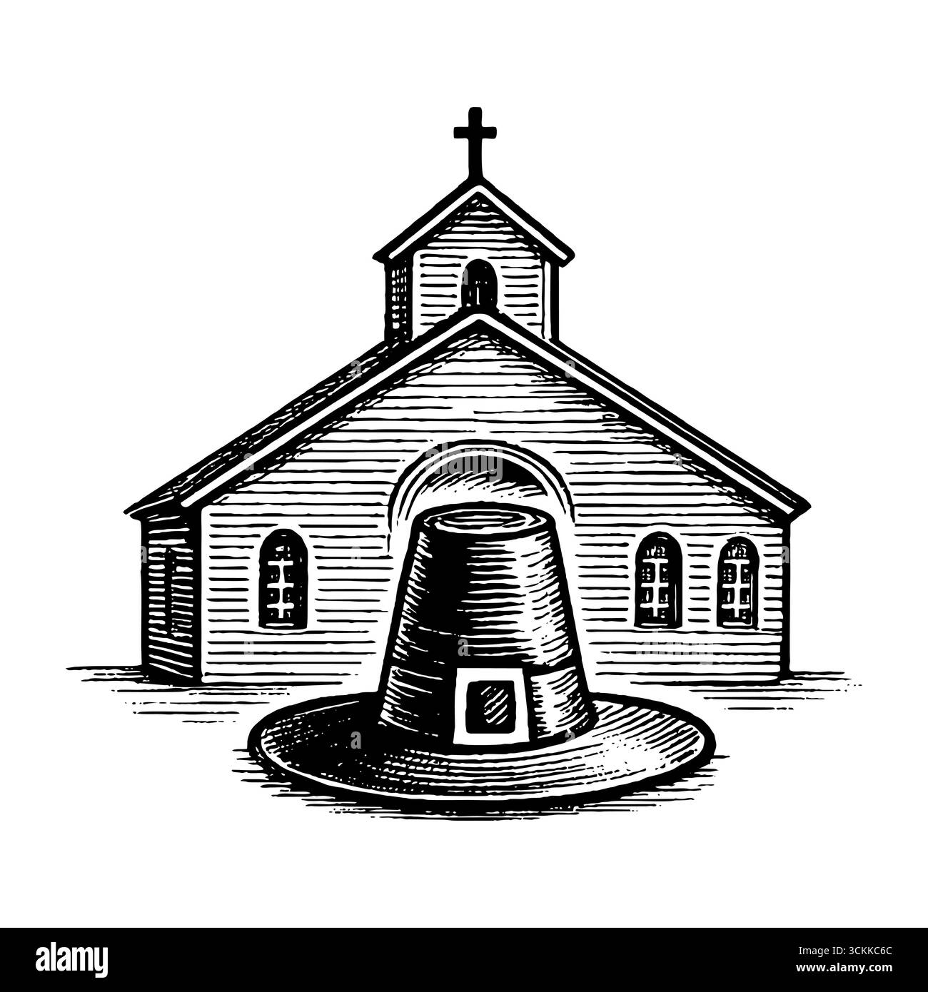 Une église chrétienne en bois et un chapeau puritain, symbolisant la sainteté et la pureté Illustration de Vecteur