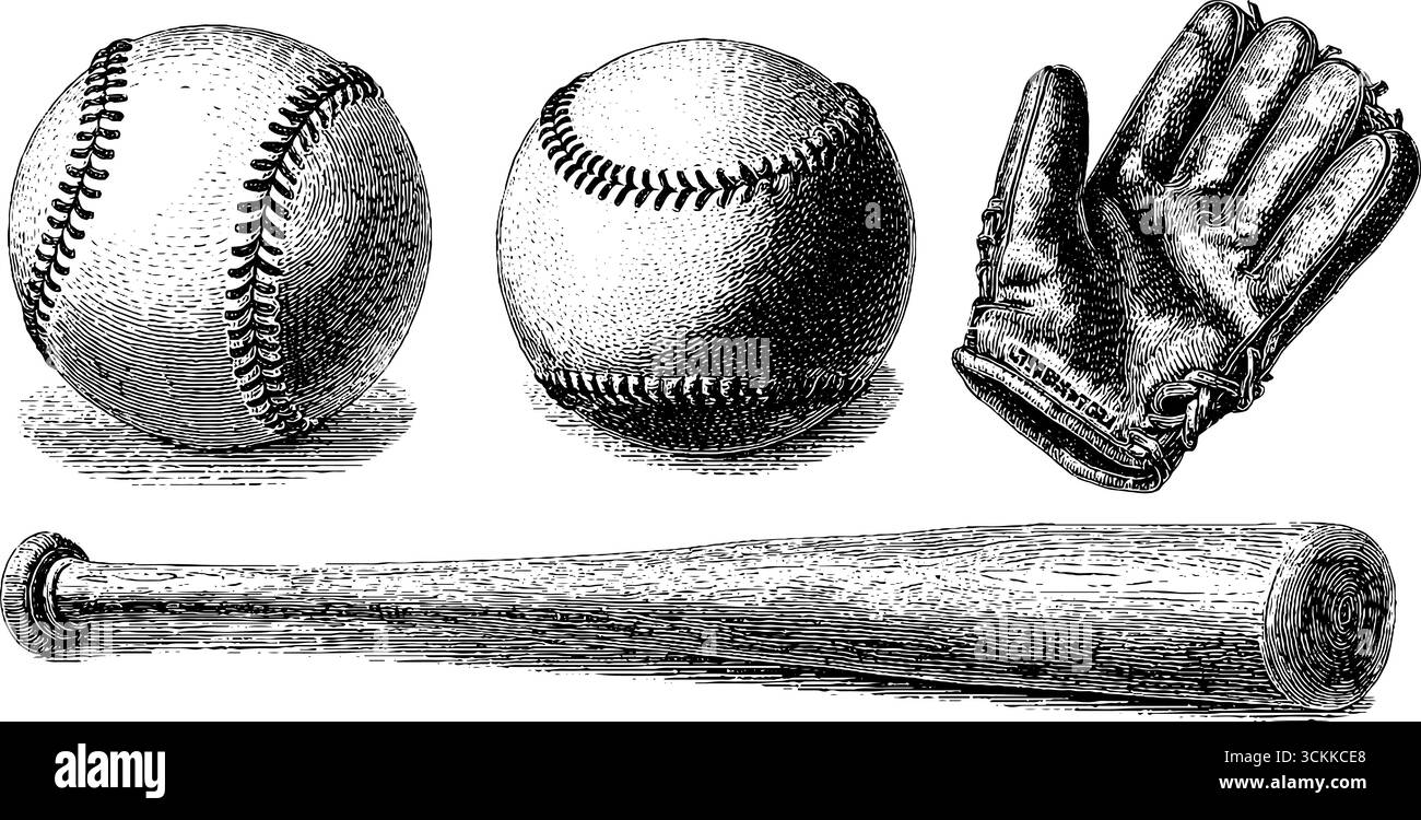 Ensemble de gravure d'équipement de baseball vintage avec balle, batte et gant pour la conception sportive. Illustration de Vecteur