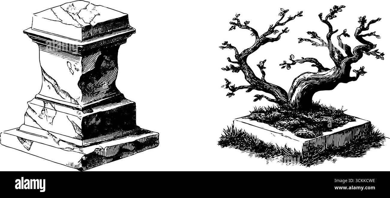 Base de statue en marbre gravé et bonsaï dans un style grunge pour la conception artistique. Illustration de Vecteur