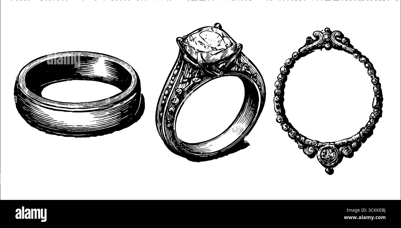 Collection de bijoux gravés avec des motifs de bague et de diamant pour un affichage élégant. Illustration de Vecteur