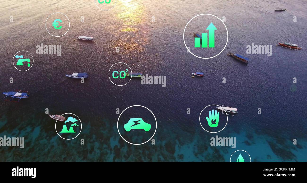 Affichant des icônes vertes translucides de durabilité planant au-dessus de la mer tropicale au coucher du soleil, avec des bateaux Banque D'Images