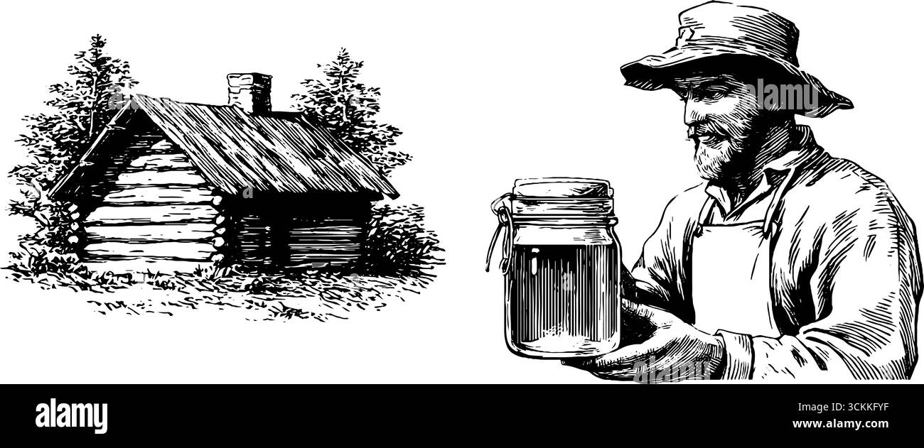 Illustration gravée de la maison de lait rustique et fermier avec pot. Illustration de Vecteur
