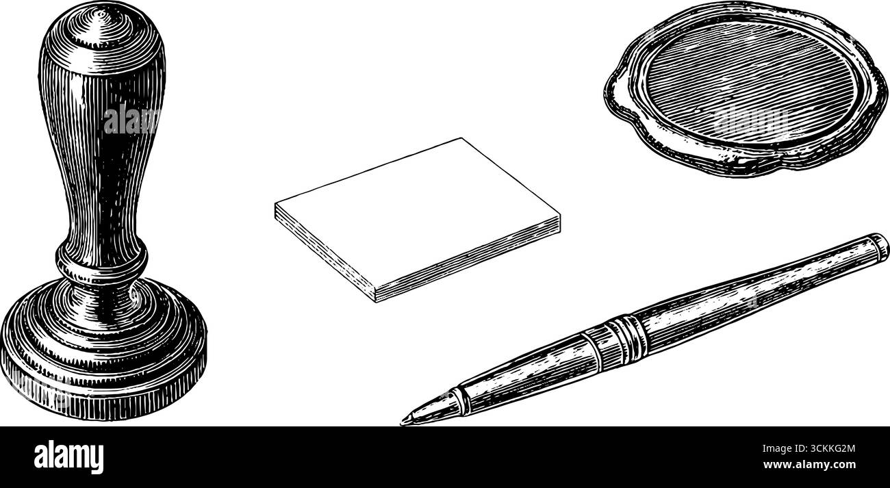 Ensemble de joints vintage gravés avec stylo et bloc-notes pour la décoration de bureau et les projets de design. Illustration de Vecteur