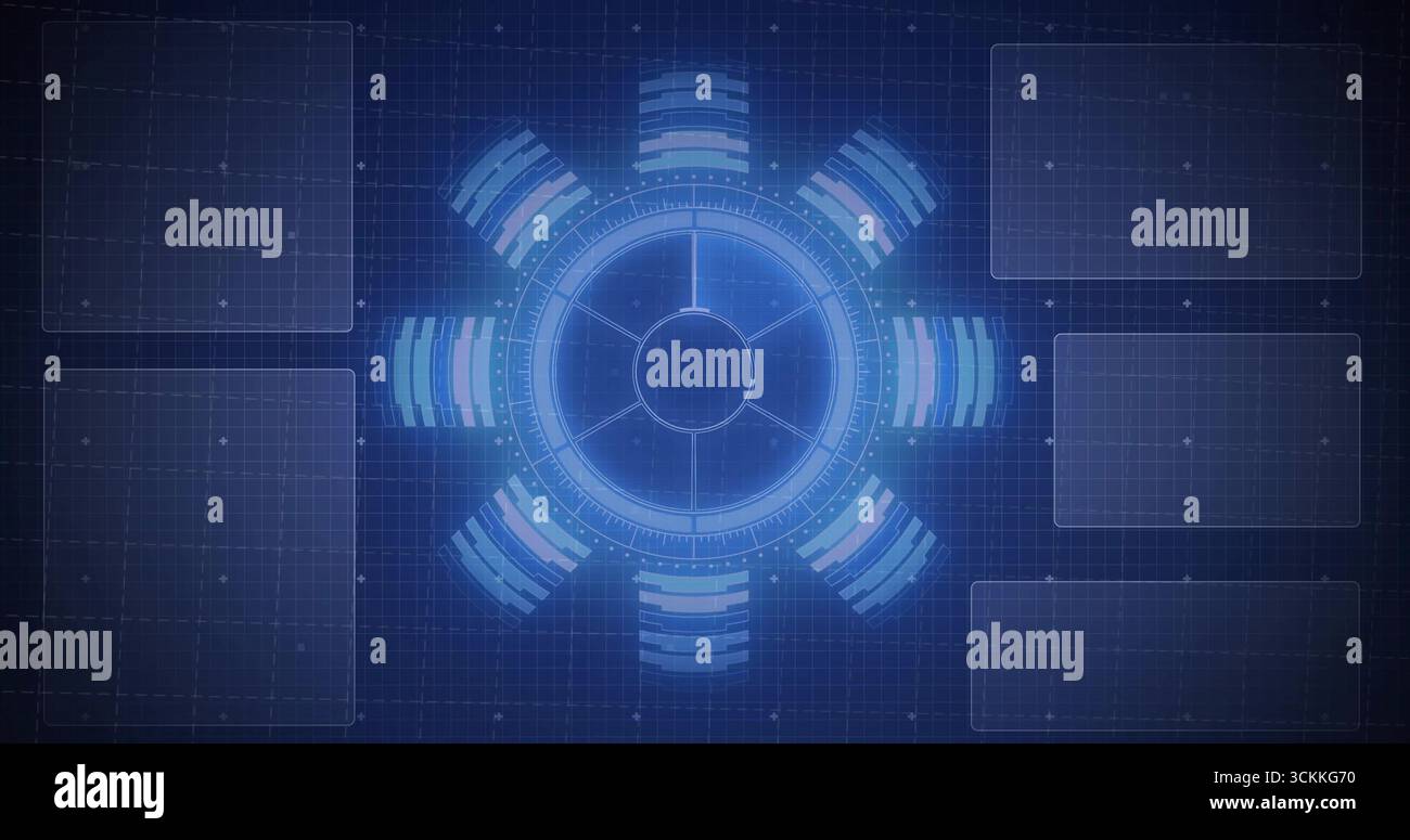 Affichage du HUD circulaire central sur le tableau de bord futuriste avec jauges radiales, superposition de grille, panneaux Banque D'Images