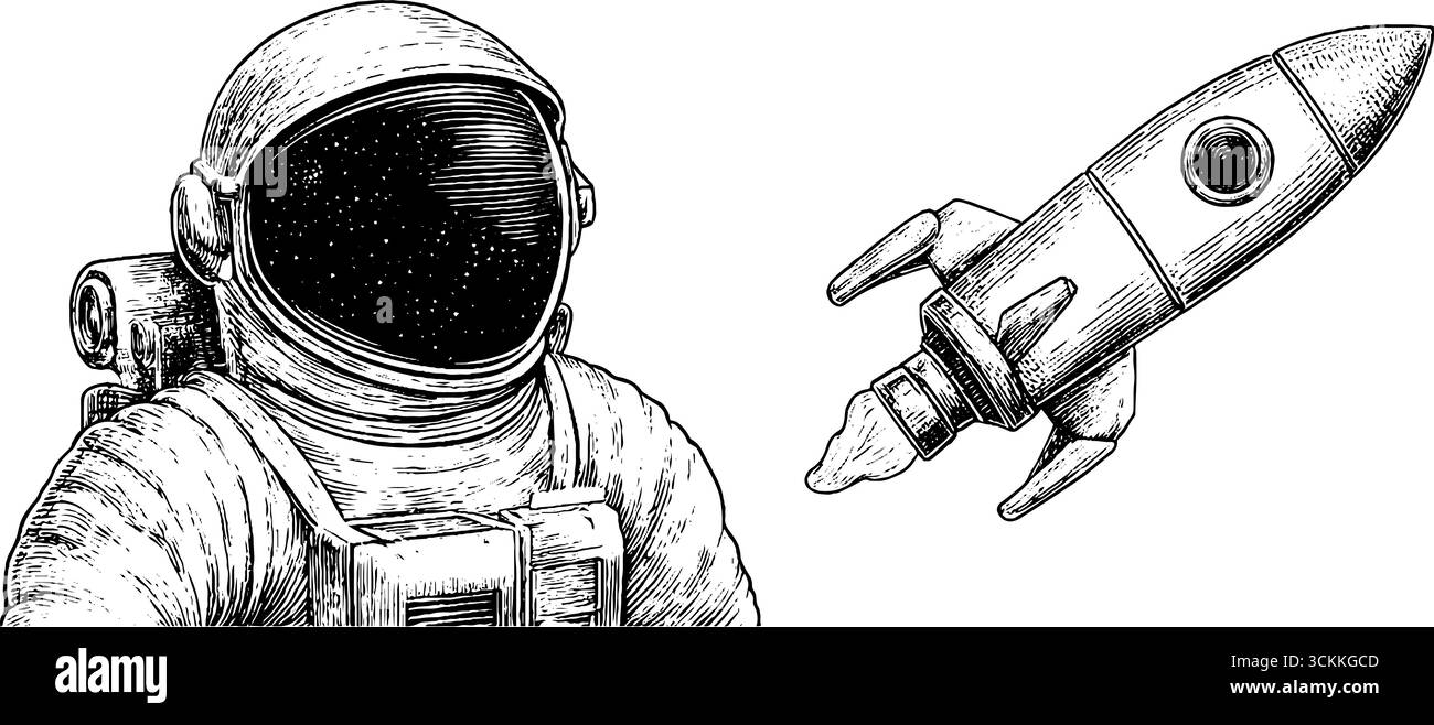 Gravure d'exploration spatiale vintage avec astronaute et fusée. Illustration de Vecteur