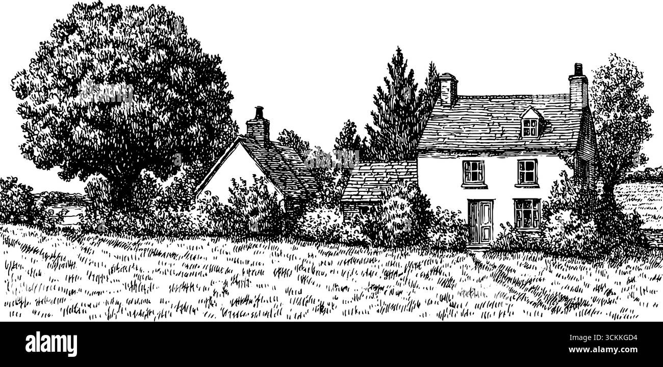 Charmante auberge de village et scène de campagne pour la conception historique. Illustration de Vecteur