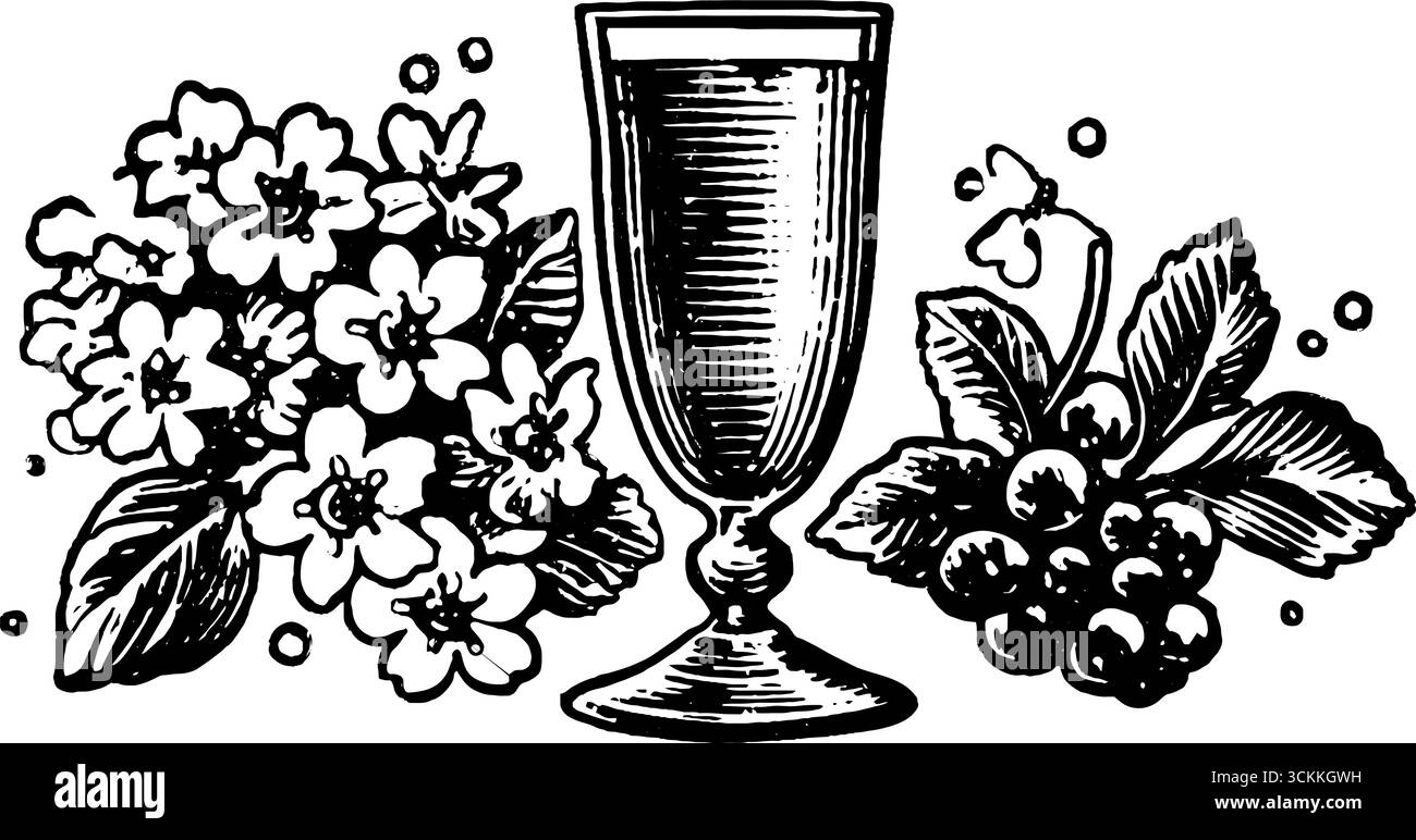 Motif floral et baies gravé avec flûte à champagne pour un décor élégant. Illustration de Vecteur