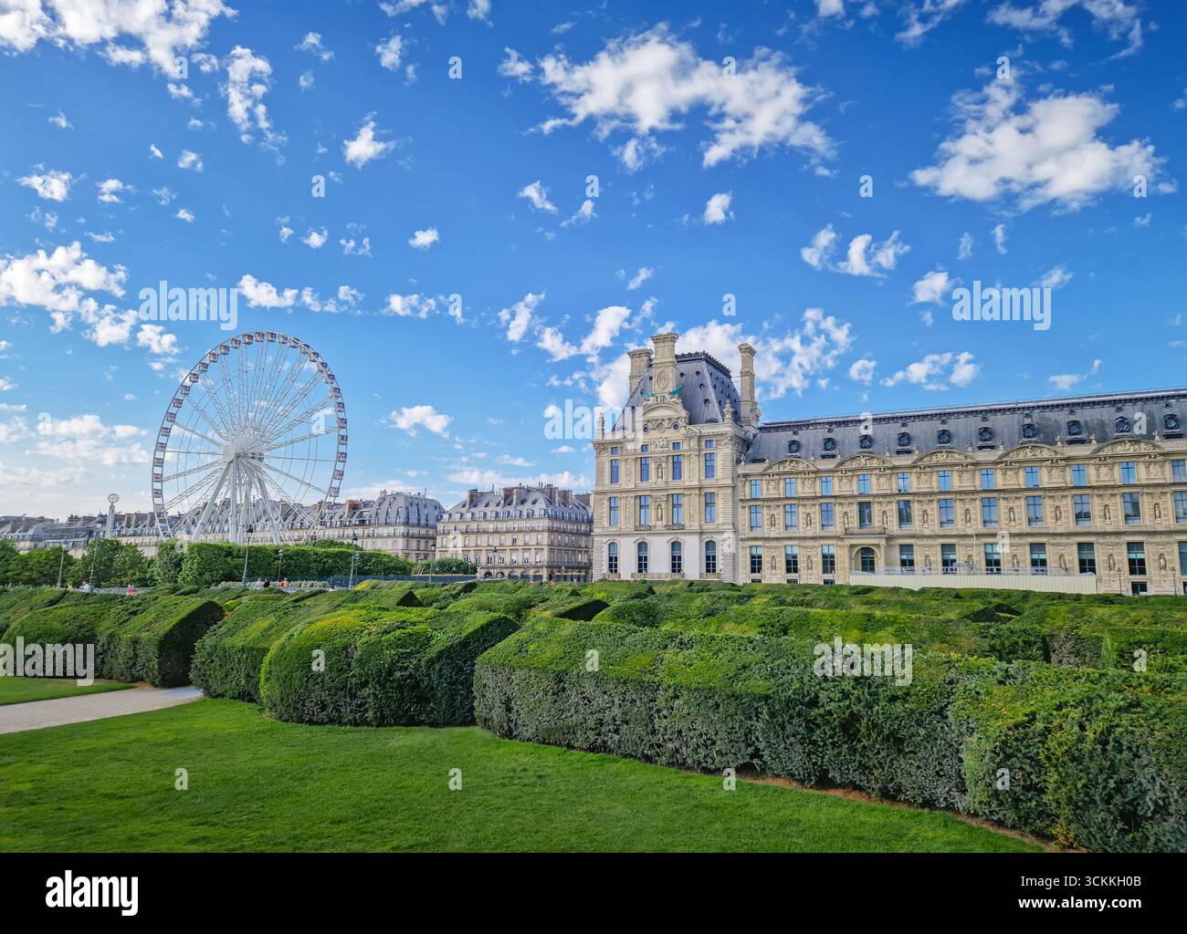 Le jardin des Tuileries avec vue sur la Grande roue à Paris, France. La célèbre grande roue est visible sur la gauche de l'historique Palais du Louvre Banque D'Images