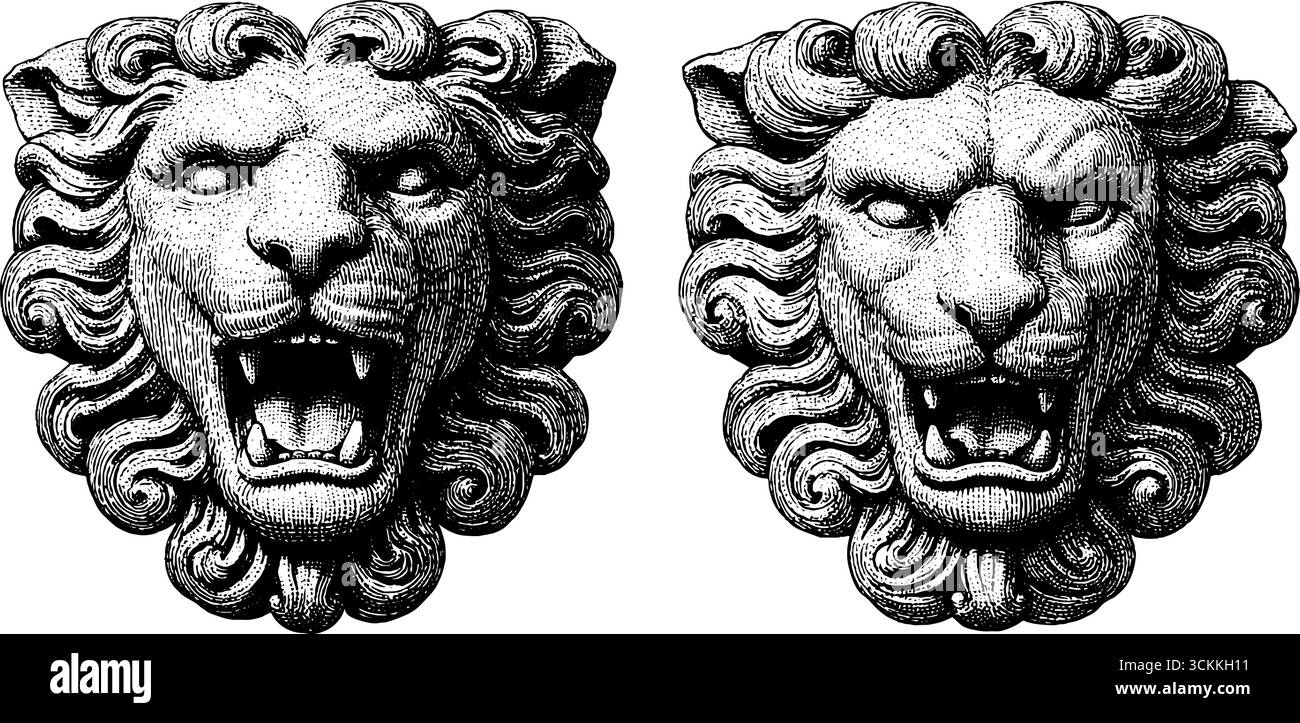 Illustrations de tête de lion en pierre gravée pour la conception artistique et la décoration. Illustration de Vecteur