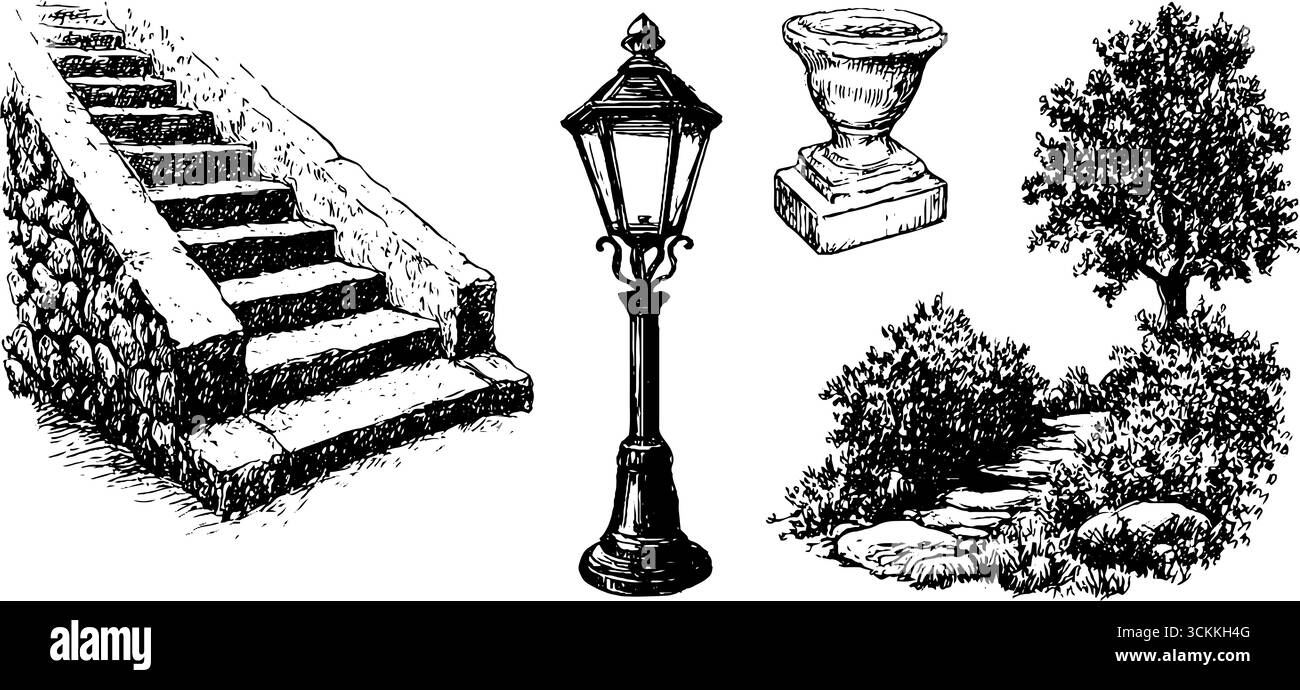 Illustration gravée vintage de jardinière de lampadaire d'escalier et d'arbre pour la conception de thème antique. Illustration de Vecteur