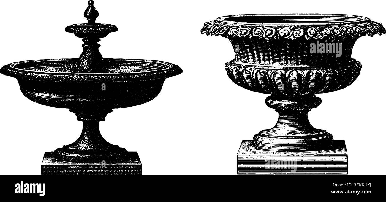 Fontaine gravée vintage et bassin d'eau ensemble pour l'art historique et la décoration. Illustration de Vecteur