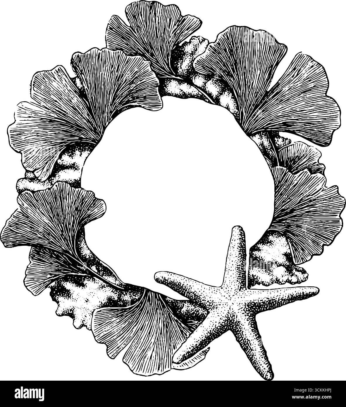 Ginkgo biloba ornemental et couronne d'étoiles de mer pour la décoration. Illustration de Vecteur
