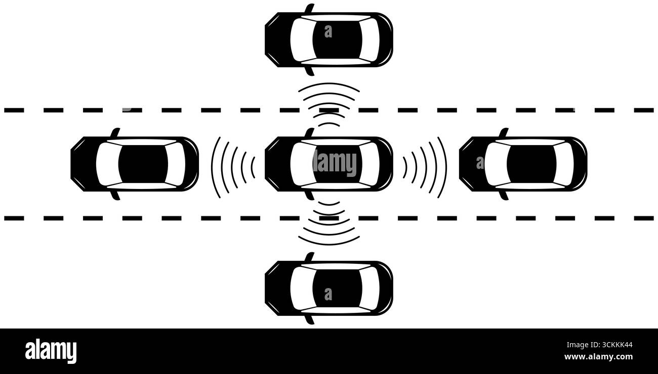 Voiture intelligente avec système de détection à distance et de capteur. Voiture autonome ou sans conducteur sur la route. Illustration vectorielle. Illustration de Vecteur