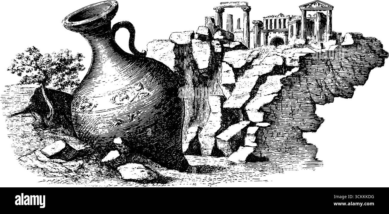 Ruines anciennes avec gravure d'amphores cassées - scène historique pour la conception. Illustration de Vecteur