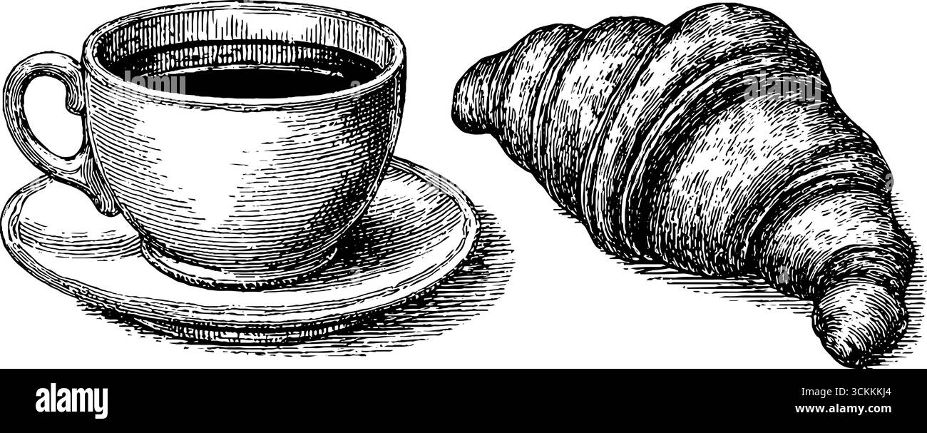 Tasse à café gravée et illustration de croissant pour la conception du petit déjeuner. Illustration de Vecteur