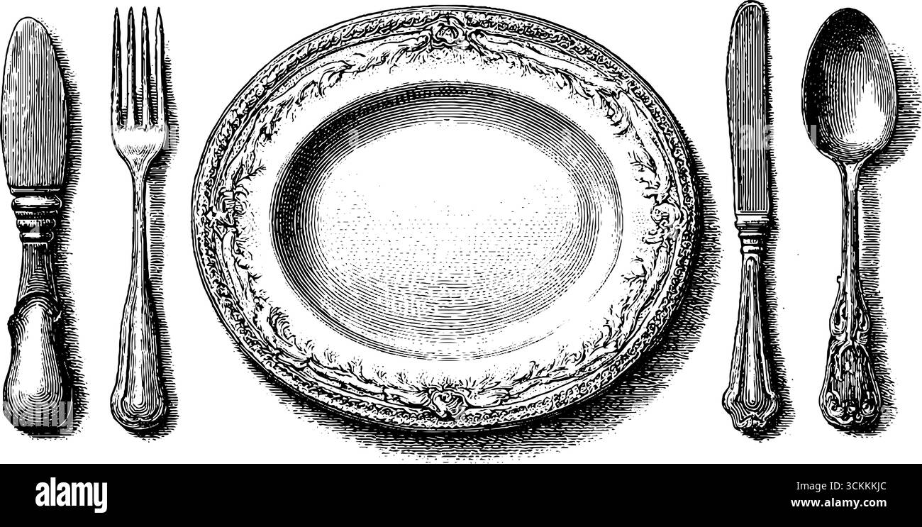 Couverts et assiettes gravés vintage pour la conception de restaurants. Illustration de Vecteur