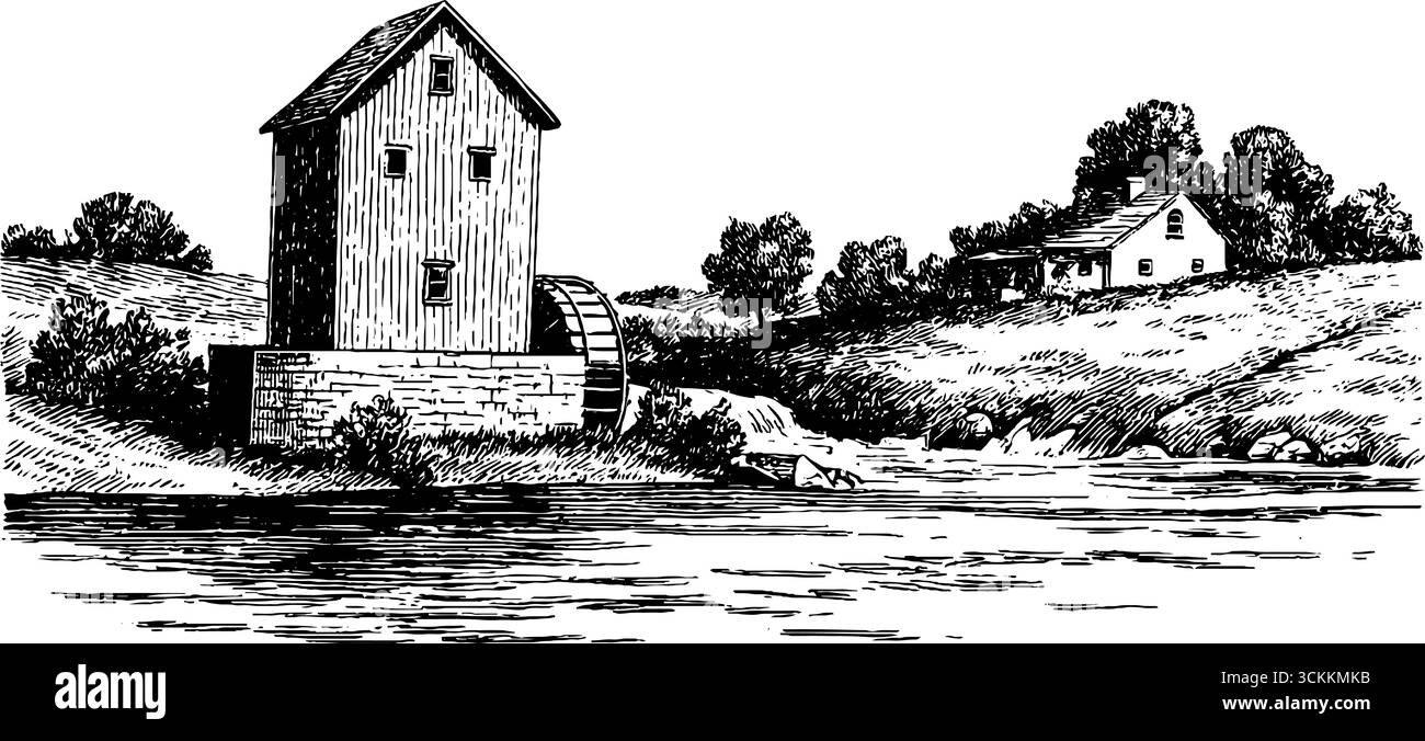 Gravure vintage du moulin du village et de la scène de l'eau pour l'art historique et le design. Illustration de Vecteur