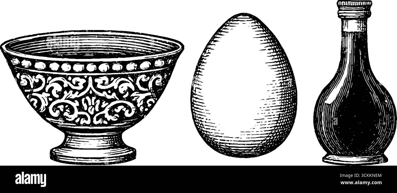 Ensemble vintage gravé de bol ramen, œuf et sauce soja pour la conception culinaire. Illustration de Vecteur